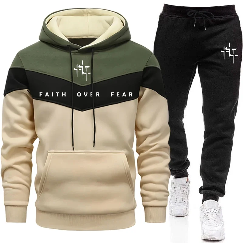 Men'S Fashion Trousers - Faith Over Fear Herren-Trainingsanzug mit Kapuzenpullover