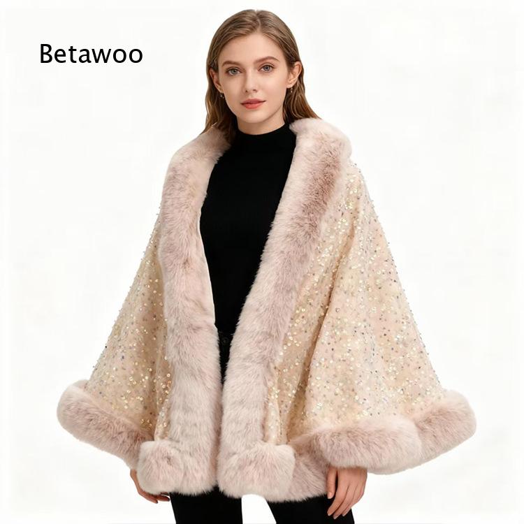 Mens Fashion Poncho - Damen Kurzer Poncho mit Pelzkragen, Pailletten-Verzierung,
