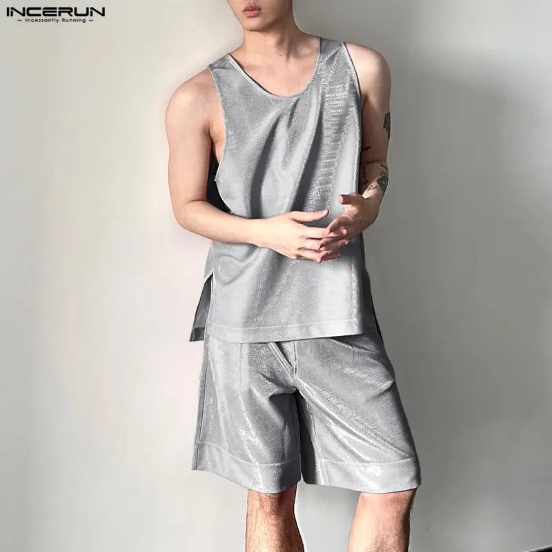 Men'S Tops Fashion - INCERUN Herren-Sets, glänzend, einfarbig, O-Ausschnitt, ärmellose