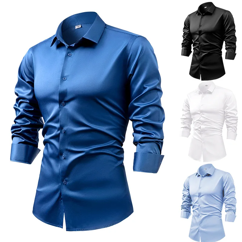 Dress Shirt Non-Iron - 2025, Frühlings-Herbst-Königsblau-Seidensatin-Langarmhemden für Herren, Marineblau, Business-Casual,
