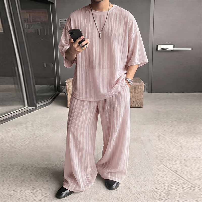 Men'S Fashion Trousers - INCERUN Herren-Sets Gestreiftes Durchsichtiges Kurzarm-T-Shirt und